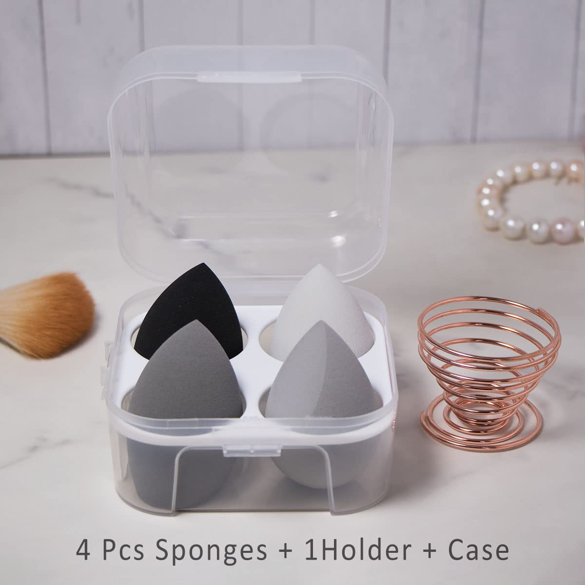 5 Pcs Makeup Sponges Set - 4 Beauty sponges Blending Blenders with 1 Holder and Egg Case, Flawless for Cream, Powder and Liquid (Black)