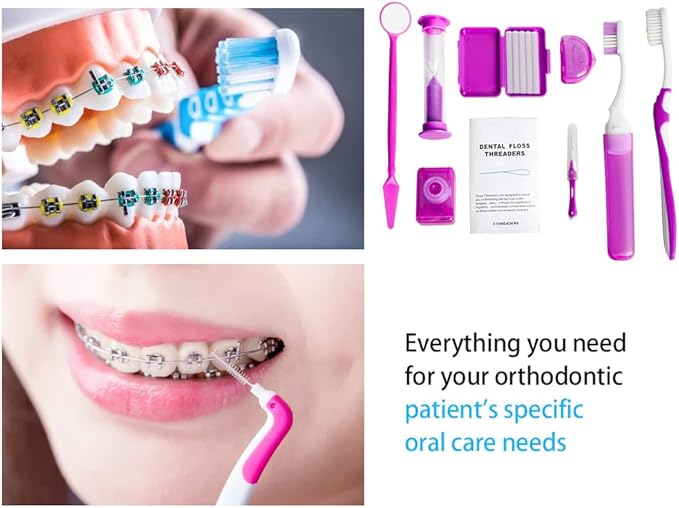 Wenge Portable Orthodontic Oral Care Kit - 2Pack - Travel Kit for Patients, Interdental Brushing Wax Floss Toothbrush Cleaning (Pink_Blue)