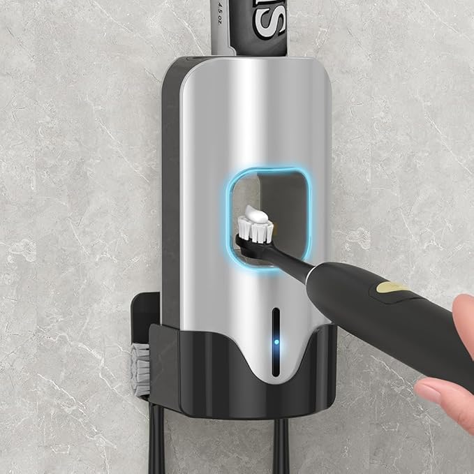 Automatic Toothpaste Dispenser Wall Mounted - Smart Touchless Toothpaste Squeezer with 3 Adjustable Levels, 2 Toothbrush Holders- for Kids and Adults, Bathroom Essentials