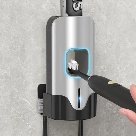 Automatic Toothpaste Dispenser Wall Mounted - Smart Touchless Toothpaste Squeezer with 3 Adjustable Levels, 2 Toothbrush Holders- for Kids and Adults, Bathroom Essentials