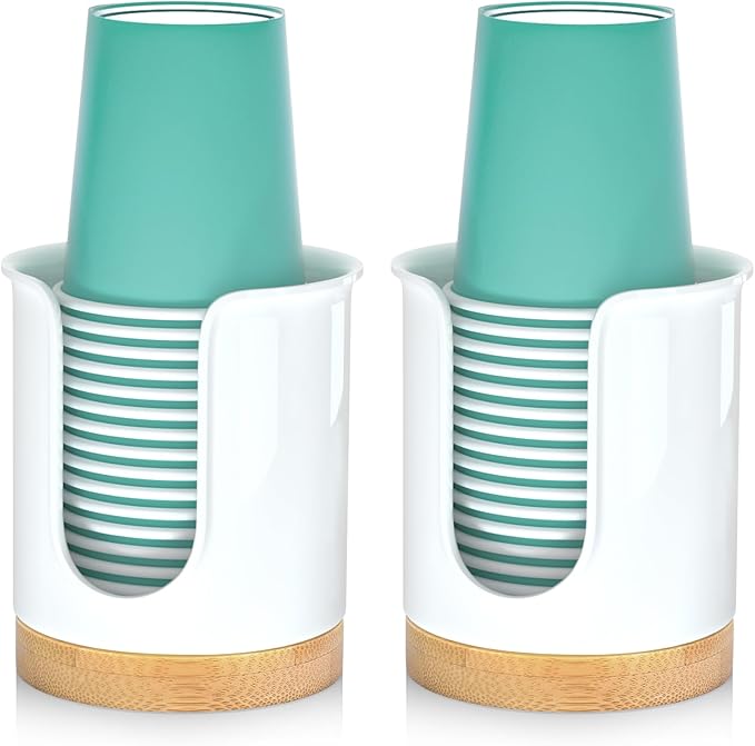2 Pack Bathroom Cup Dispenser - Small Cup Holder and Mouthwash Cups Holder for 3 Oz Countertop - Convenient Paper Cup Dispenser - Bamboo Wood Base Bathroom Cup Holder（White）
