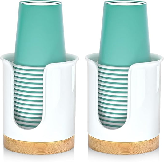 2 Pack Bathroom Cup Dispenser - Small Cup Holder and Mouthwash Cups Holder for 3 Oz Countertop - Convenient Paper Cup Dispenser - Bamboo Wood Base Bathroom Cup Holder（White）
