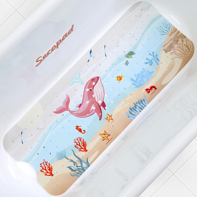 Bath Mat for Tub Non Slip, Machine Washable Anti-Slip Cartoon Baby Bathtub Shower Mat with Drain Holes and Suction Cups for Toddler & Kids (40 Inch x 16 Inch-Rectangular, Rosy Whale)