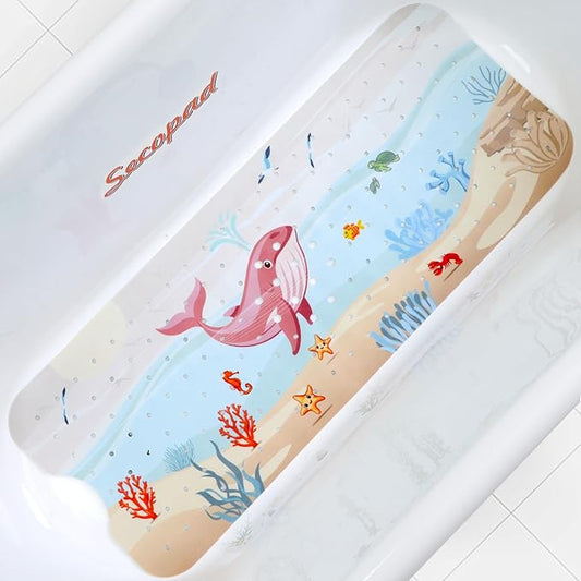 Bath Mat for Tub Non Slip, Machine Washable Anti-Slip Cartoon Baby Bathtub Shower Mat with Drain Holes and Suction Cups for Toddler & Kids (40 Inch x 16 Inch-Rectangular, Rosy Whale)