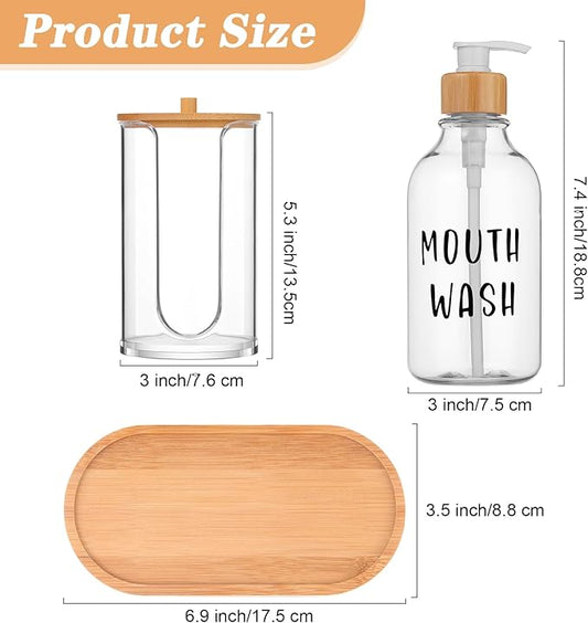 1 Set Mouthwash Dispenser for Bathroom 17 Oz Refillable Mouth Wash Pump Bottle Paper Cup Holder with Bamboo Lid and Tray Clear Mouthwash Container for Bathroom Vanity Kitchen Sink