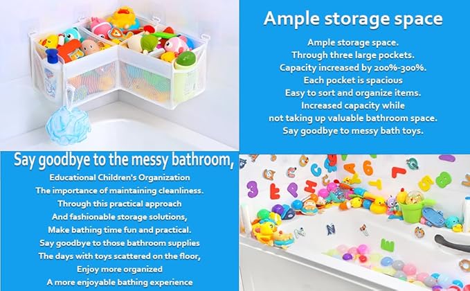 KPH Corner Bath Toy Organizer - Space-Saving 3-Compartment Bath Toy Storage, Mesh Bathroom Toy Holder for Kids, Durable Bathtub Organizer with Drain Holes