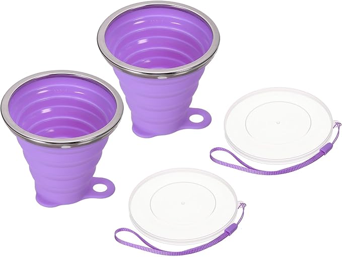 PATIKIL Collapsible Travel Cup, 2 Pack 270mL Travel Folding Cup with Lid Silicone Portable Drinking Cup for Traveling Camping, Purple