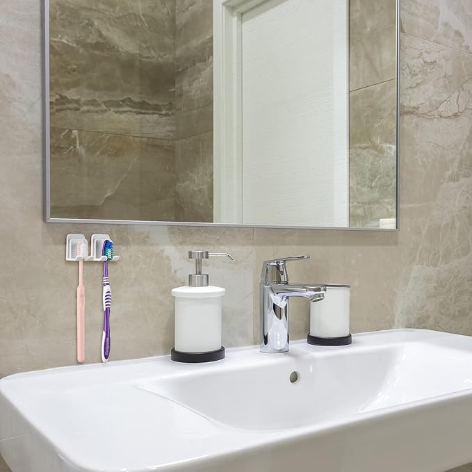 4 PCS Toothbrush Holder Wall Mounted with Cup Holder for Bathroom, Self Adhesive Toothbrush Storage Organizer for Shower, Mini Toothbrush Hanger Rack for Dorm, Cabinet