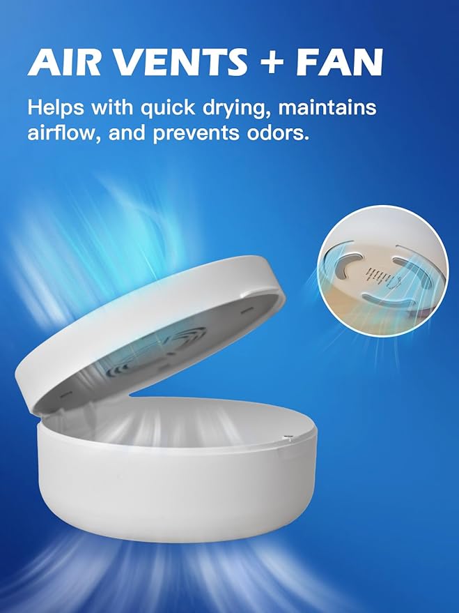 Voraiya UV Retainer Case Braces Box with Fan and Mirror – Compact Dental Case for Aligners, Mouth Guards, Night Guards, and Teeth Braces – White