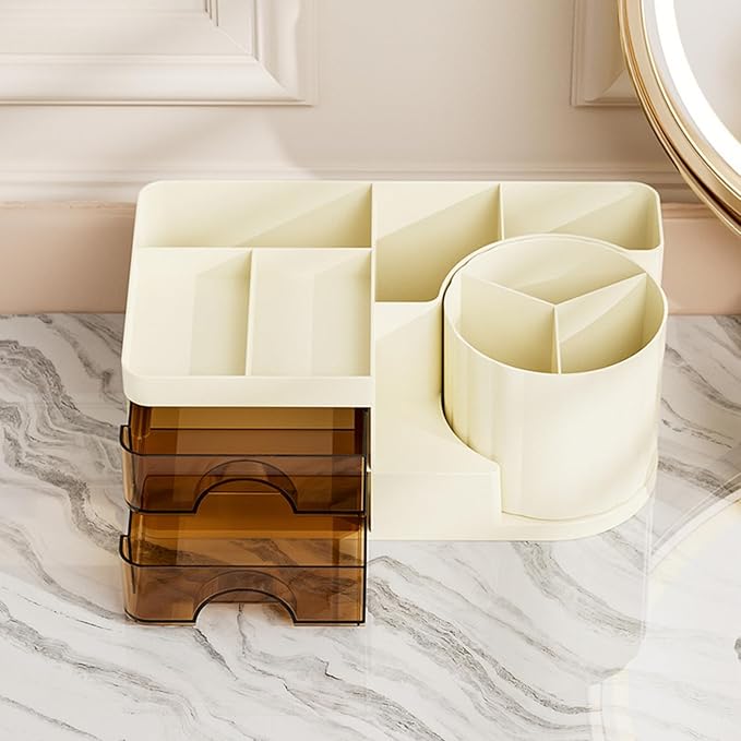 Makeup Organizer for Vanity with 2 Drawers,Countertop Rotating Makeup Brush Holder,Bathroom Organizer Holder,Cosmetic Display Case for Lipstick,Beauty,Skincare Organizer (Cream)