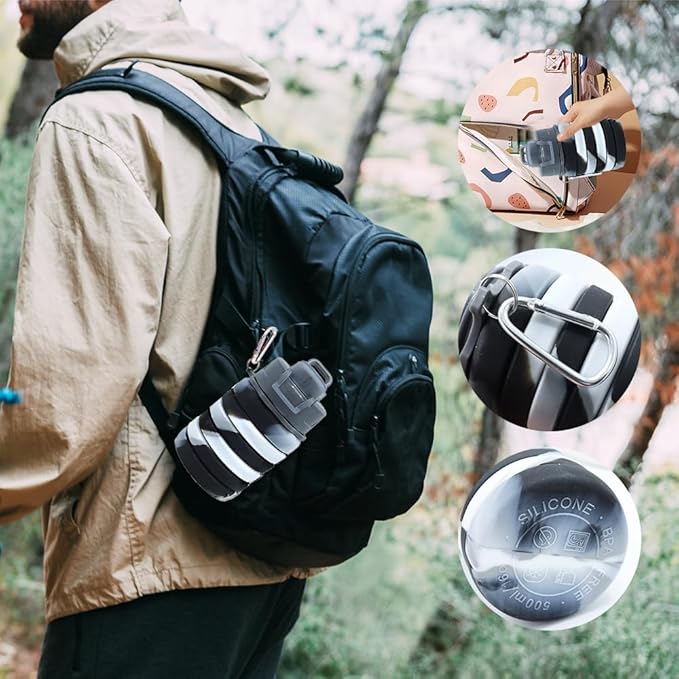 Silicone Collapsible Water Bottles, 16oz Portable Foldable Expandable Water Bottle Sports Cups, Leak Proof Reusable BPA Free, for Outdoor Activities Travel(Black white)