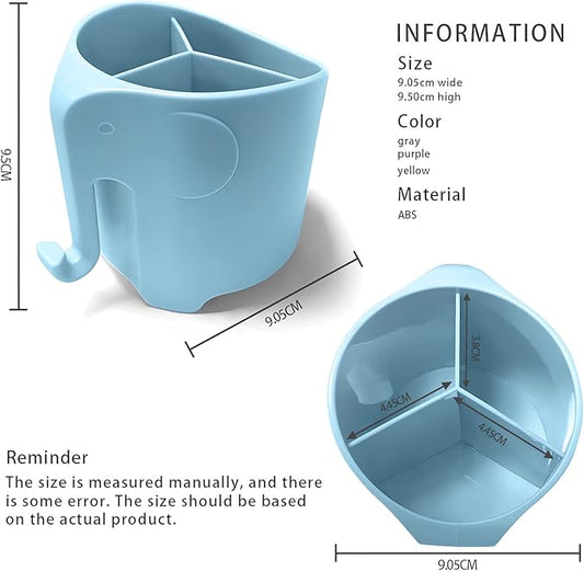 RyanLemon Elephant Toothbrush Holder for Toddler, Suction Cup Cute Toothbrush Holder for Kids, for Bathroom, with 3 Slots and 1 Hook, Blue