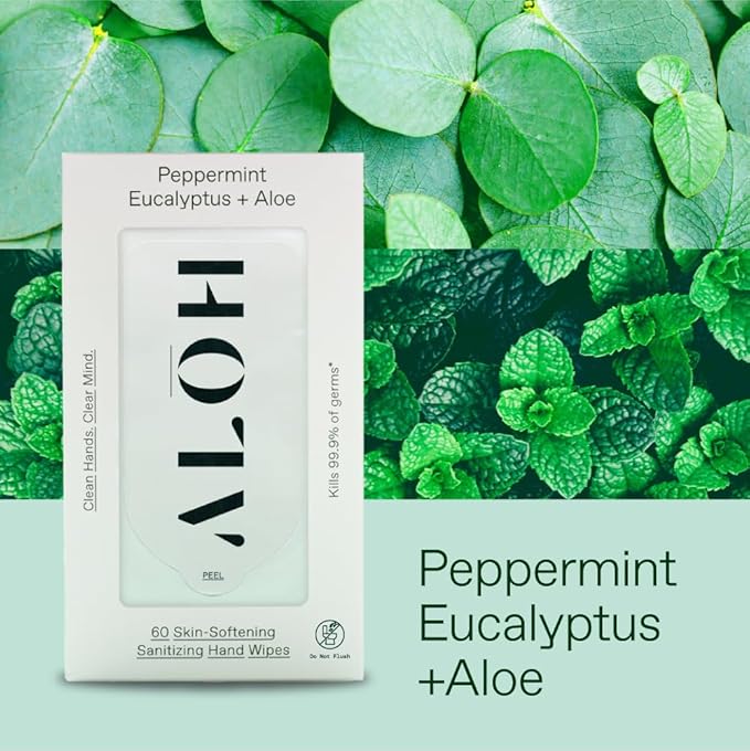 ALŌH Peppermint Eucalyptus Sanitizing Hand Wipes - Clean Hands, Clear Mind On The Go Sanitizer for Kids and Adults - Travel Size 6 packs of 20ct Wipe (120 Wipes)