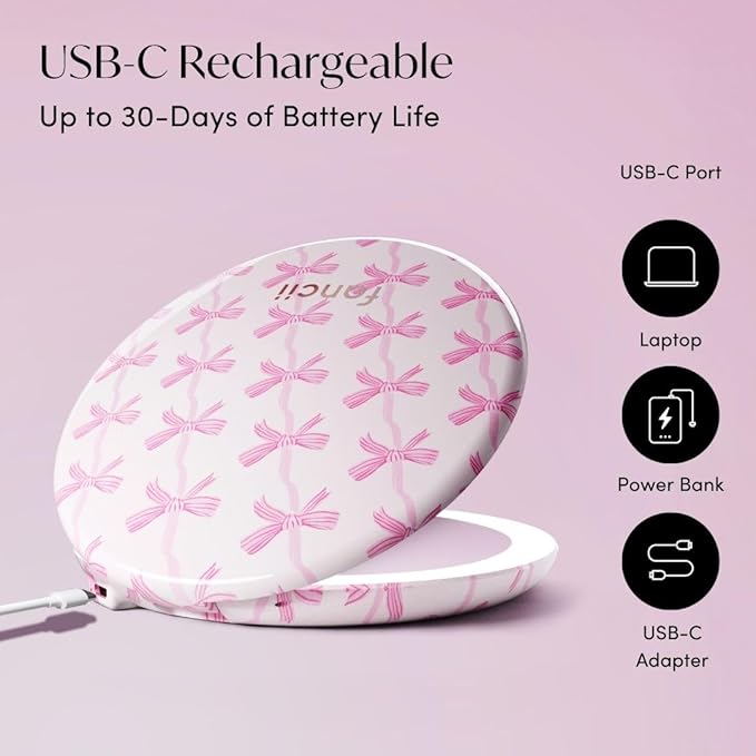 Fancii Taylor LED Lighted Travel Makeup Mirror, Rechargeable, 10x /1x Magnifying, Tru-Glow Lighting System, XL Large 5” Wide | Compact Mirror for Purses (Rosette Ribbon)