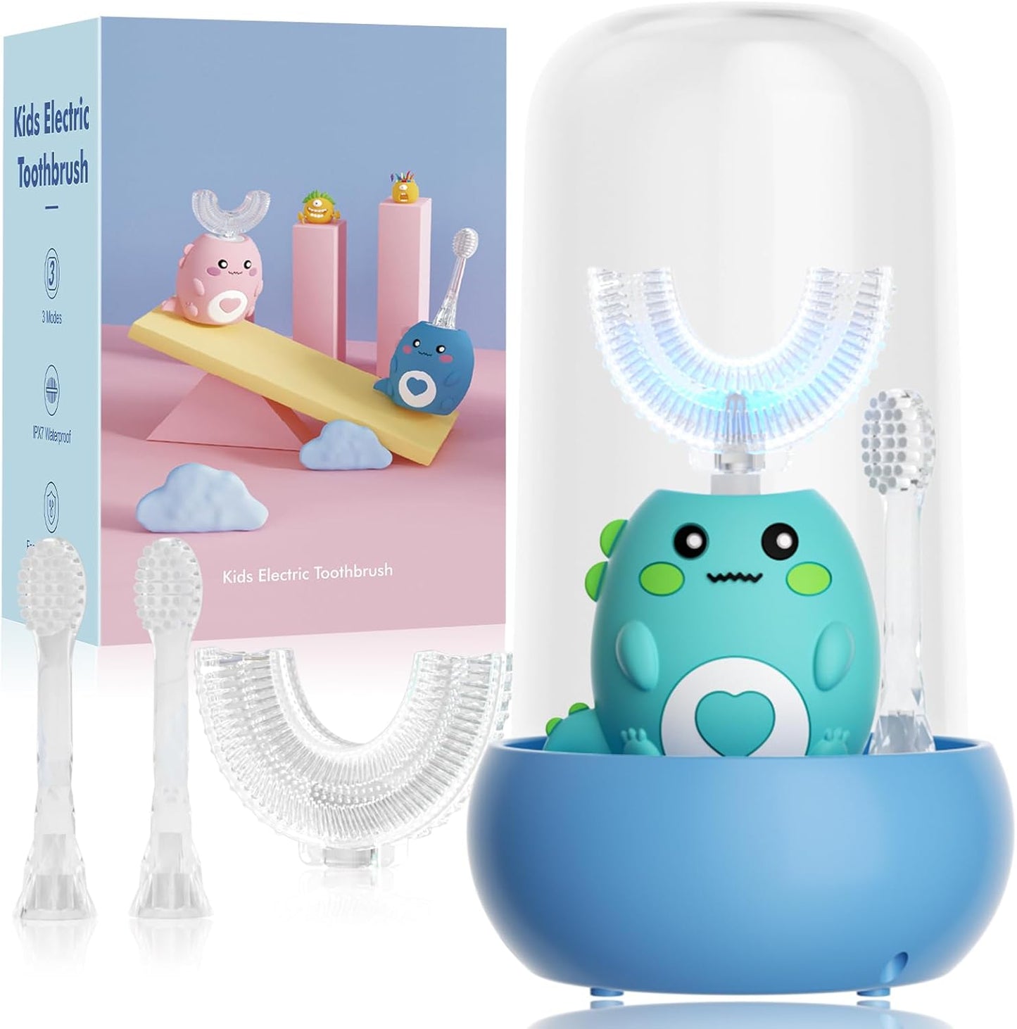 Kids U Shaped Electric Toothbrush, with 3 Cleaning Modes, with 4 Brush Heads, 360° Sonic Automatic Toothbrush, IPX7 Waterproof Cartoon Dinosaur Design (Ages 2-12)