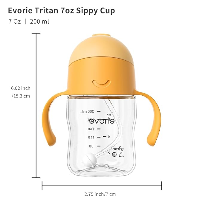 Evorie Tritan Weighted Straw Sippy Cup with Handles for Baby and Toddlers, Spill Proof Baby Water Bottle with Straw for 6 months and up, 7 Oz, Infant Training Water Bottle (Apricot)