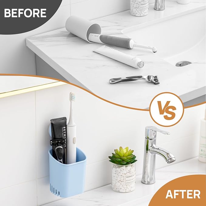 LEVERLOC Powerful Suction Cup Toothbrush Holder, Drill-Free Wall Shower Holder for Toothbrush, Toothpaste, Razor, Self-draining Kitchen Tableware Organizer, Removable Suction Cup in Shower, Blue