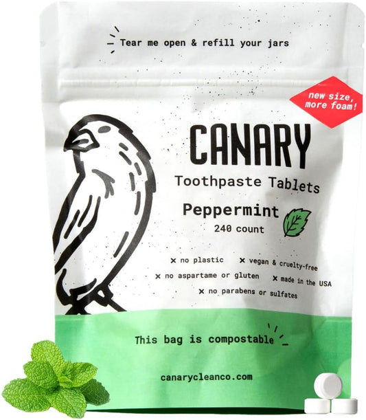 Canary Nano Hydroxyapatite Toothpaste Tablets Peppermint - Remineralizing, Fluoride Free, All Natural Tabs with Xylitol - Great for Travel, Plastic Free - 240 Count