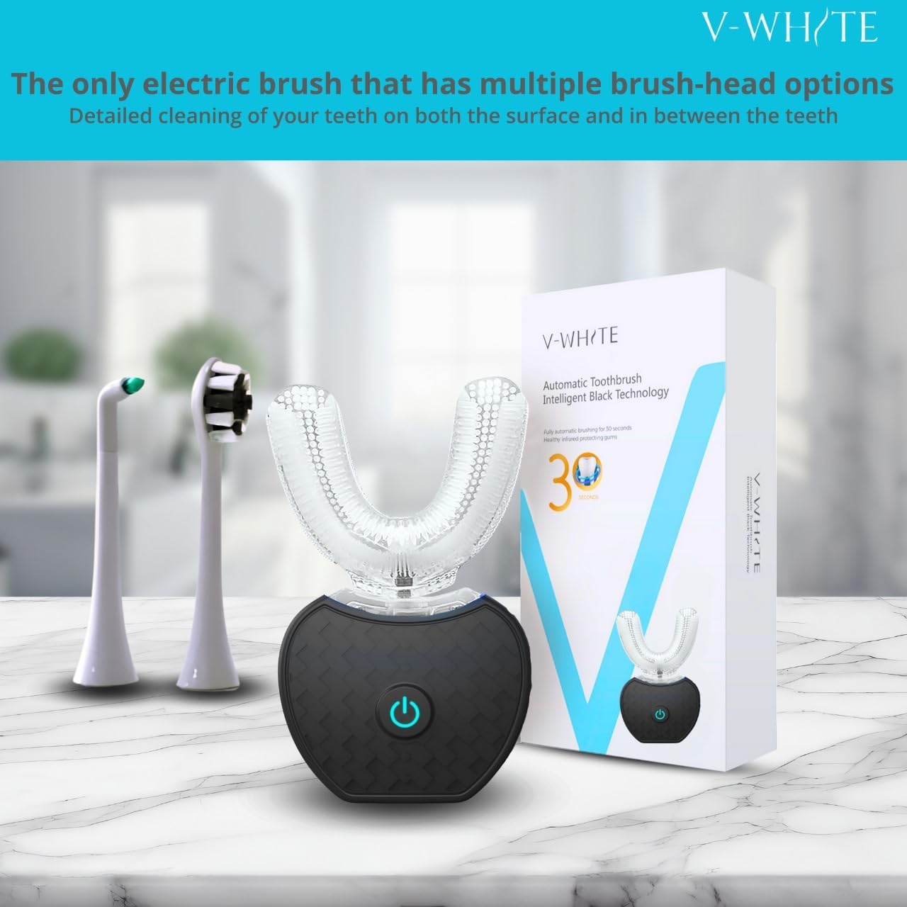 V-WHITE Ultrasonic U-Shaped Toothbrush for Teeth Whitening, Electric Toothbrush For Adults - 360° Mouth Cleansing, Hands Free Gums Protection - Wireless Charging & LED Light -Waterproof IPX7 Certified