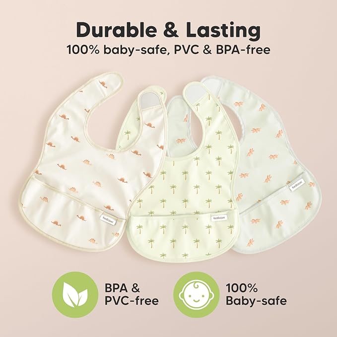 3-Pack Waterproof Baby Bibs for Eating - Lightweight Toddler Feeding Bibs with Large Food Catcher, Mess Proof, Food-Grade Baby Eating Essentials, Easy to Put On & Clean (Roarsome)