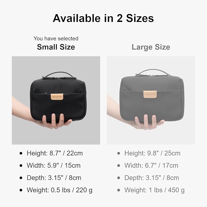 LEVEL8 Travel Toiletry Bag for Men Women, Water Repellent Shaving Bag for Toiletries Accessories, Storage Bags with Divider and Handle, Small/Black