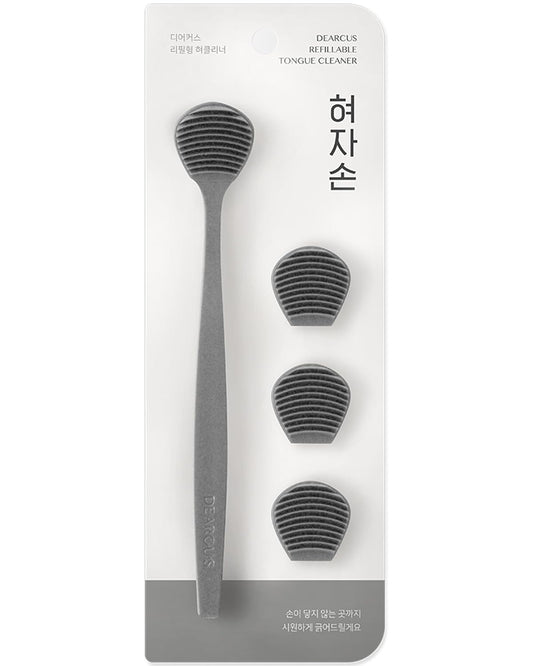 DEARCUS Korean Tongue Scraper with 3 Replaceable Heads - 100% BPA Free TPE Tongue Cleaner - Reduce Bad Breath & Without Hurt - Hygienic Scraper - Modern & Simple Design (Gray)