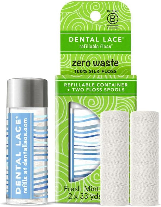 Dental Lace Refillable Silk Dental Floss – 100% Silk Floss with Mint Flavor, PFAS & PTFE Free – Includes 1 Refillable Wave Glass Floss Container and 2 Spools (Total 66 Yards) – Recyclable Packaging