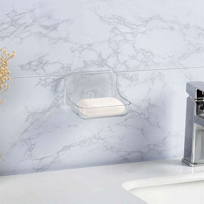 Adhesive Soap Dish for Shower Wall – Removable Acrylic Soap Holder with Drain Holes, Compact for RV Bathroom, Kitchen Sink, or Shower – No Drilling – Sandra Series