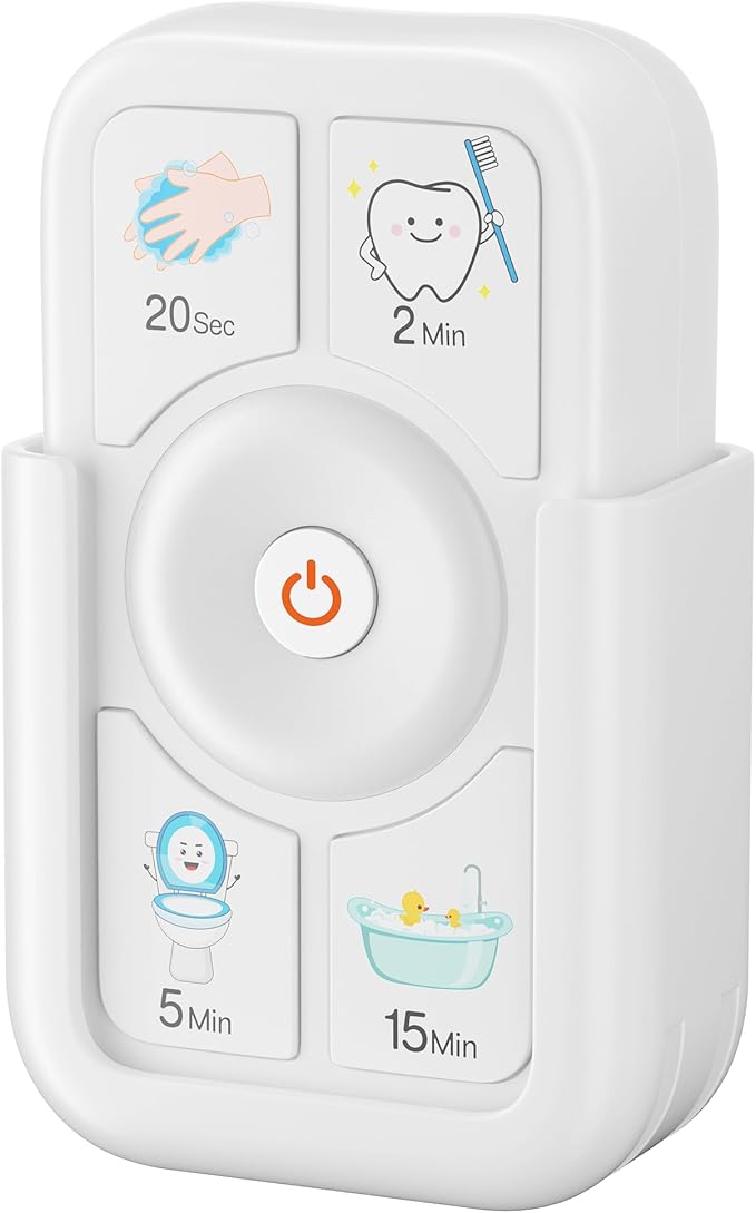 Timer for Kids Brushing: 2 Minutes Teeth Brush 20 Seconds Hand Washing 5 Min Toilet 15 Min Shower, Time Management Tool for Children - White
