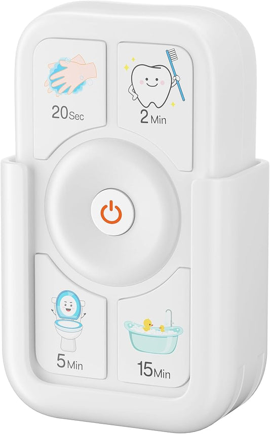 Timer for Kids Brushing: 2 Minutes Teeth Brush 20 Seconds Hand Washing 5 Min Toilet 15 Min Shower, Time Management Tool for Children - White