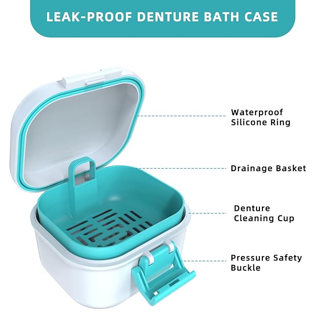 ARGOMAX Leak Proof Denture Bath Cup, Portable Soaking Denture Box, Denture Bath Case with Strainer, for Dentures and Braces (White + Cyan).