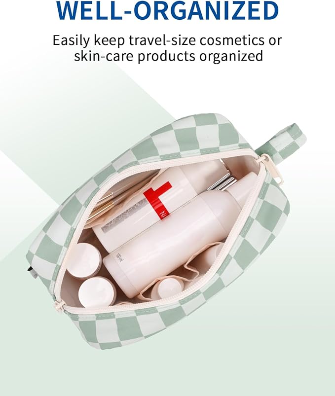 Narwey Small Checkered Makeup Bag for Purse, Gift for Teen Girls, Travel Makeup Pouch Mini Cosmetic Bag Cute Make up Bags Zipper Pouch for Women and Girls (Mint Green Checkerboard, Small)
