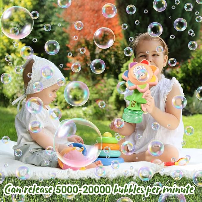 Sunflower Bubble Machine for Kids Automatic Flower Bubble Toy with Colorful Lighting for Toddlers Handheld 20000+Bubbles 3 Modes Fun Swing Dance Bubble Maker Blower Blaster Outdoor Toys Type-C Yellow