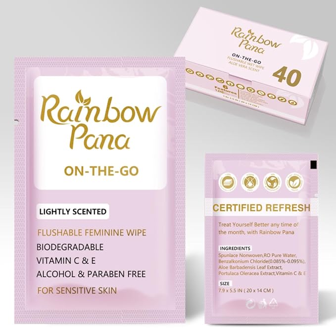 RainbowPana Feminine Wipes, 40 Count ON-THE-GO Individually Wrapped | Flushable Wipes, Travel Wipes for Women, Pre/Post-Intimacy Cleansing | Aloe, Portulaca, Vitamin E | pH Balanced, Biodegradable
