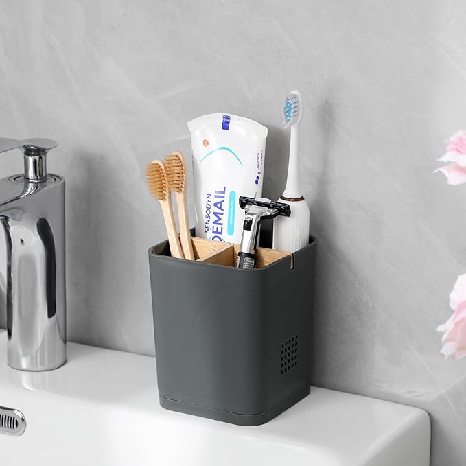 Electric Toothbrush Holder 3 Slots Tooth Brushing Holder with Bamboo Dividers for Bathrooms, Plastic Toothbrush and Toothpaste Organizer for Shower, Countertop, Vanity, Cool Grey