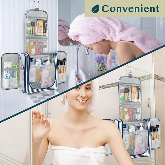 PAVILIA Extra Large Toiletry Bag Travel Bag for Women Men, Hanging Cosmetic Organizer, Water Resistant Makeup Bag for Accessories Toiletries, Travel Essentials Kit (Stripe Navy)