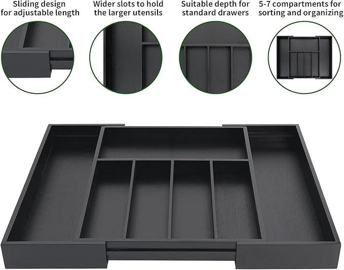 VaeFae Premium Bamboo Drawer Organizer, Expandable Silverware Drawer Organizer, Cutlery Tray with Dividers for Kitchen Utensils (Black, Large)