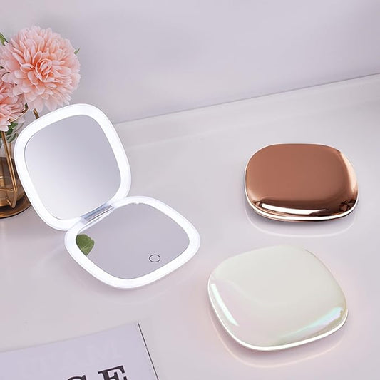 Mocado Compact LED Travel Makeup Mirror - 4 Inches 1X/10X Magnification Travel Mirror with Light Dimmable Double Sides Lighted USB Rechargeable Compact Mirror for Purse,Pocket,Travel(White)