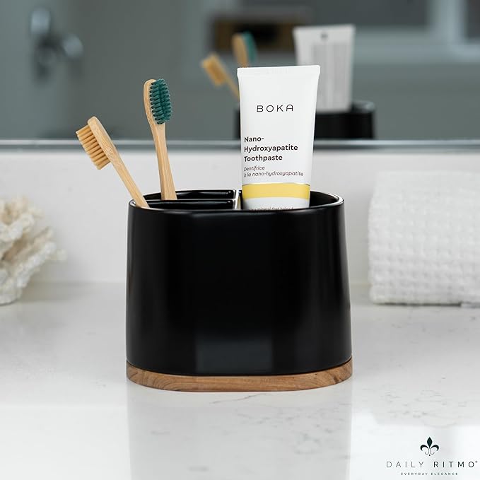 DAILY RITMO® Large Black Toothbrush Holder for Bathrooms with Bamboo Base | Modern 3 Slots Compartment White Ceramic Marble Like Toothpaste Cup for Electric and Kids Tooth Brushes