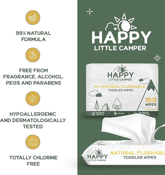 Happy Little Camper Natural Flushable Wipes - Hypoallergenic Wet Wipes with Aloe Vera, Chamomile and Pomegranate Extract - Unscented Baby Wipes Safe for Sensitive Skin - 600 Count