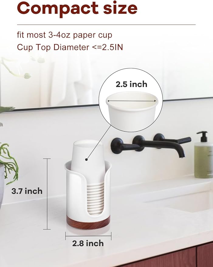 Premium Bathroom Cup Dispenser - Compact Cup Holder for Dixie Cups 3 oz Cups, 3 4 Ounce Mouthwash Cup Dispenser - PC/Walnut, White, Pack of 1