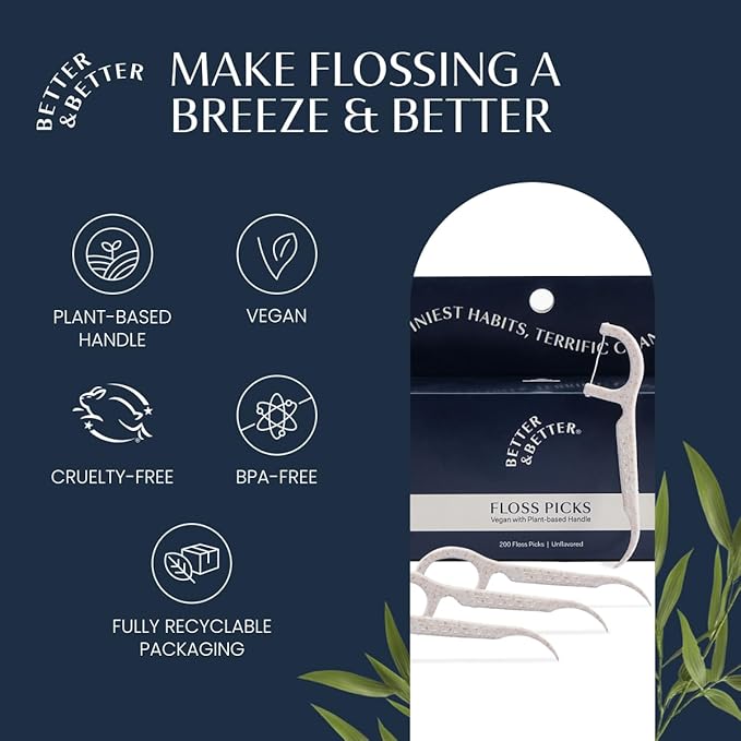 Better & Better Floss Picks (Box of 200) | Unflavored Vegan Dental Picks for Adults & Kids | Biodegradable Plant-Based Handles & Sturdy Floss Thread | Gluten, Cruelty & BPA-Free