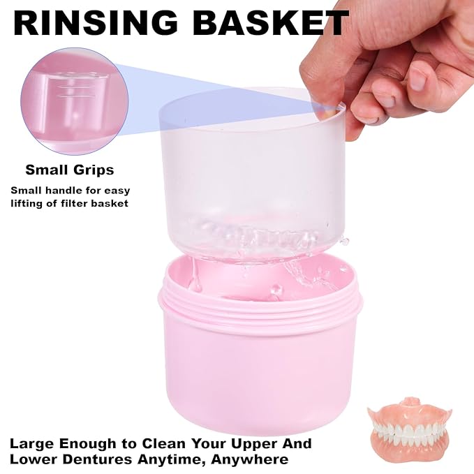 Denture Case, Leak Proof Denture Bath Cup for Travel, Denture Container Cups for Soaking Full & Partial Dentures, Retainers, Denture Cleaning Kit Holder Box with Denture Cleaner Brush-Pink