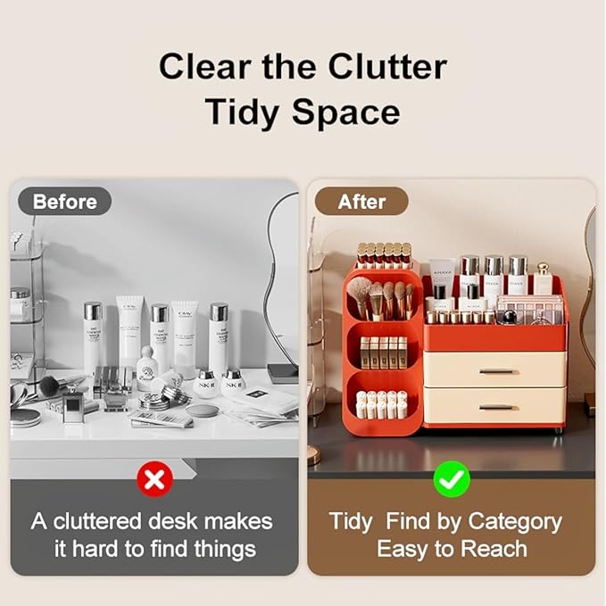 Makeup Organizer with Drawers,Large Capacity Countertop Organizer for Vanity,Bathroom and Bedroom Desk Cosmetics Organizer,Easy To Storage Skincare,Brushes,Lotions,Lipstick (Red and Cream)