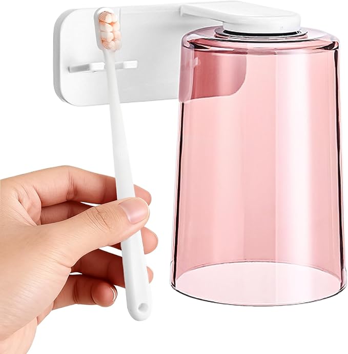 Toothbrush Cup Organizer - Adhesive Rinse Cup Set, Wall Mounted Brush Dispenser, Bathroom Accessory with Space Saving Design, Tooth Care Holder for Home Apartment Dorm Office Hotel RV Travel