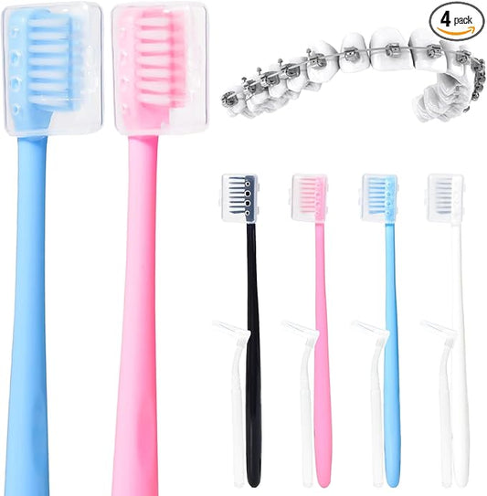 Y-Kelin V-Shaped Orthodontic Toothbrush for Braces Brackets 4 Count (Pack of 1) Soft Bristle with Inter Dental Brush