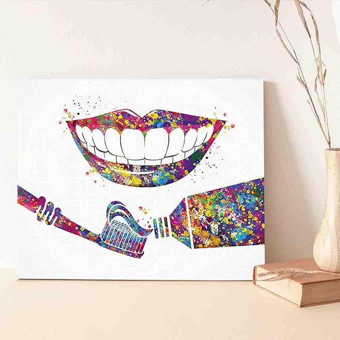 MBARE Watercolor Abstract Art - Tooth Medical Art Print, Toothbrush Dental Clinic Decor Gift Toothpaste Dentist Dentistry Office Dental Hygienist - 12"X18" Canvas Print With Frame