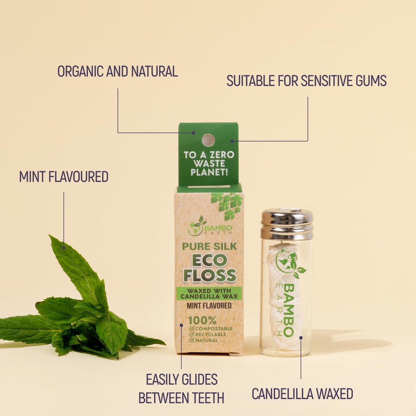Biodegradable Mint Dental Tooth Lace Floss With Refillable & Reusable Glass Holder - 100% Organic Natural and Compostable Teeth Silk Spool Waxed With Candelilla Wax & Eco-Friendly Zero Waste Packaging