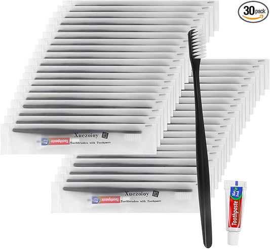 Disposable Toothbrushes with Toothpaste Pack of 30,Black Individually Wrapped Disposable Travel Toothbrush Kit in Bulk for Homeless,Nursing Home,Shelter,Hotel,Charity