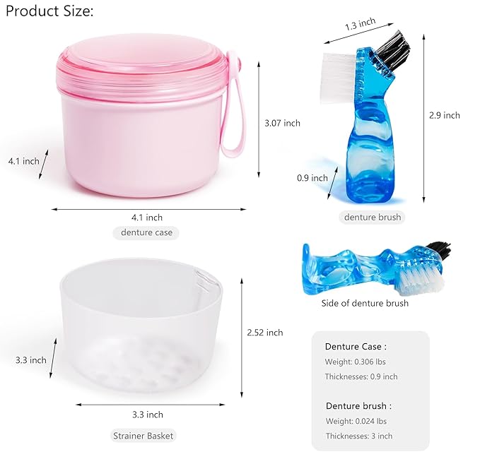 Leak Proof Travel Denture Bath Case for Full Dentures, Denture Cups for Soaking Dentures, Denture Container Cups with Brush for Dentures, Aligner, Retainers, Mouth Guard (Pink)